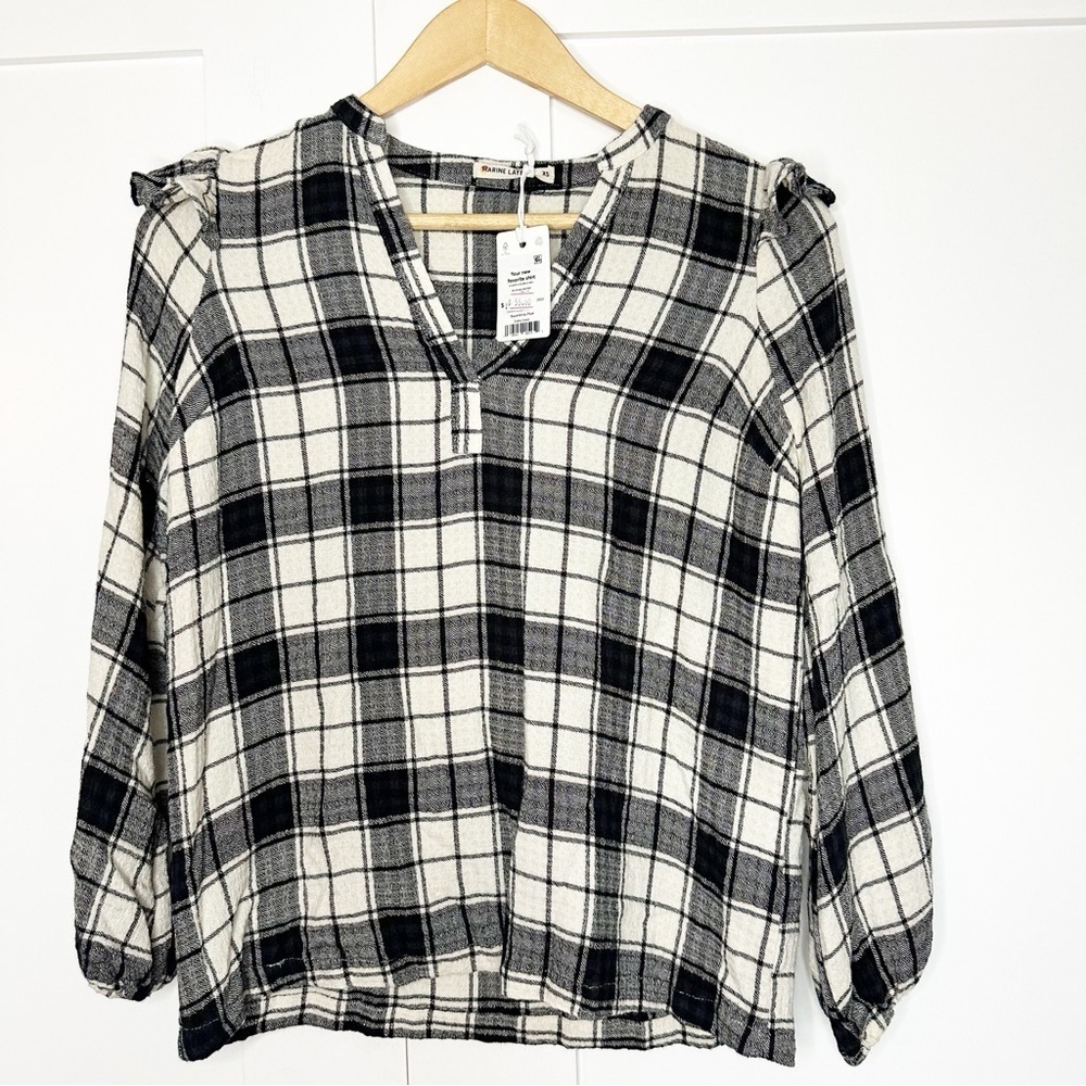 Marine Layer Jamie Gingham Ruffle Top XS black & white plaid gingham long sleeve - Picture 7 of 15